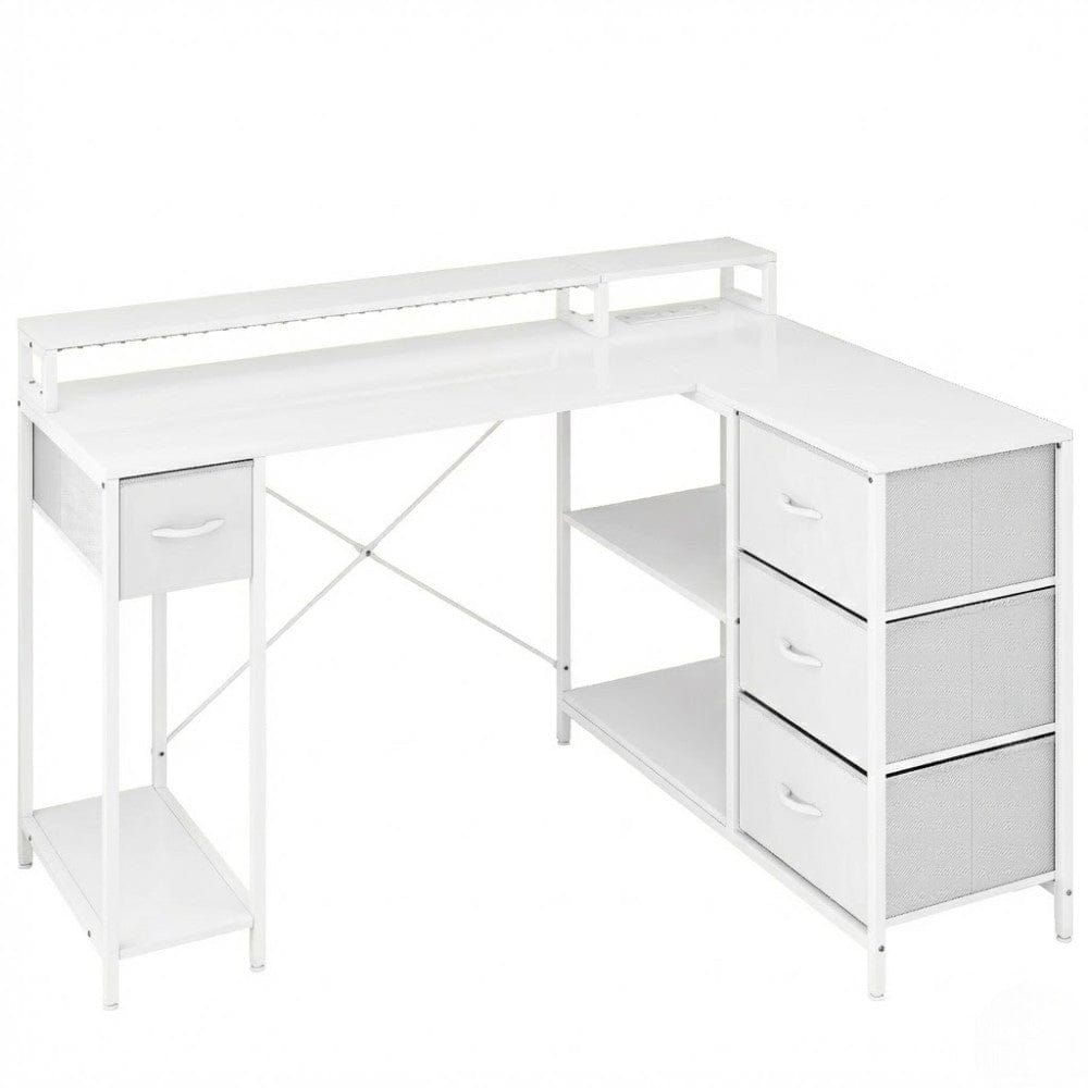 Vue d'ensemble du bureau d'angle blanc ZENITH 140x100 avec rehausse écran et station de charge intégrée.