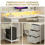 Zoom sur les détails du bureau ZENITH : tiroirs de rangement, ruban LED immersif et support unité centrale ventilé.