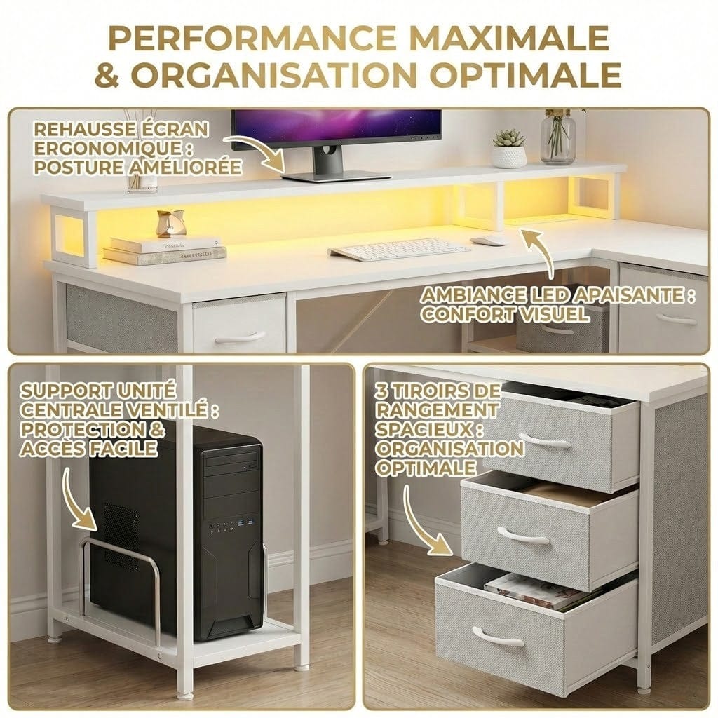 Zoom sur les détails du bureau ZENITH : tiroirs de rangement, ruban LED immersif et support unité centrale ventilé.