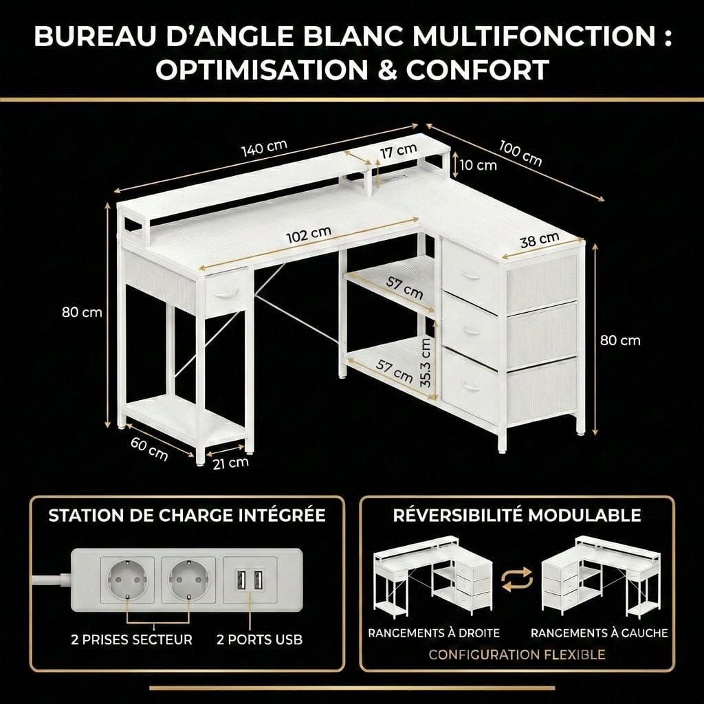Schéma technique des dimensions 140x100 du bureau ZENITH et démonstration de sa configuration réversible gauche/droite.