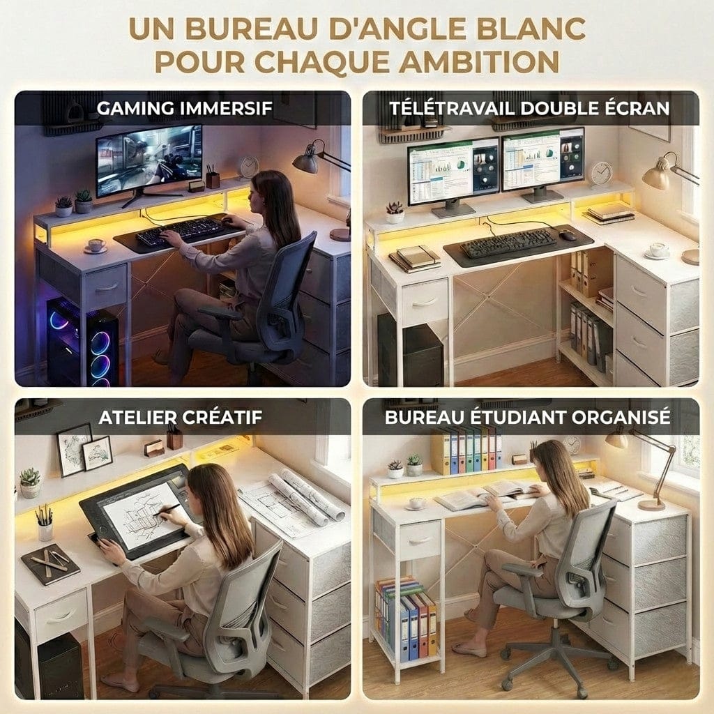 Quatre mises en situation du bureau d'angle blanc ZENITH : gaming, télétravail double écran, atelier créatif et bureau étudiant.