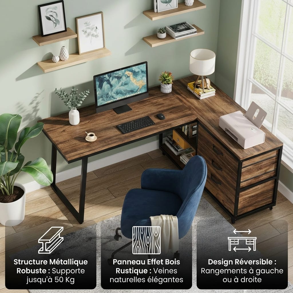 Vue d'ensemble d'un bureau d'angle en bois rustique et métal noir dans un bureau décoré. Le visuel souligne la structure métallique robuste, le panneau effet bois naturel et la réversibilité du meuble