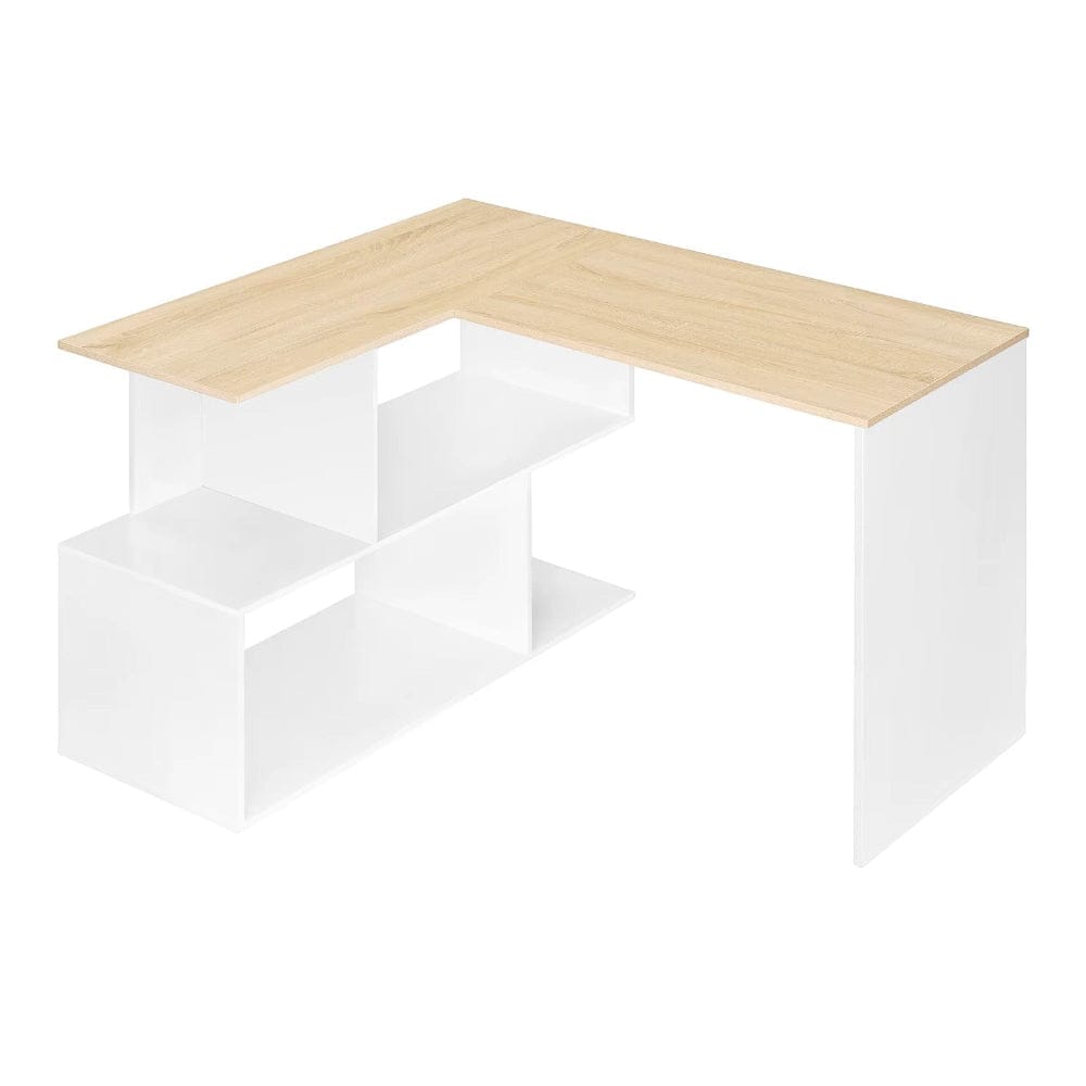Bureau d'angle design 120x100cm bicolore avec structure blanche et plateau chêne, station de travail en L moderne.