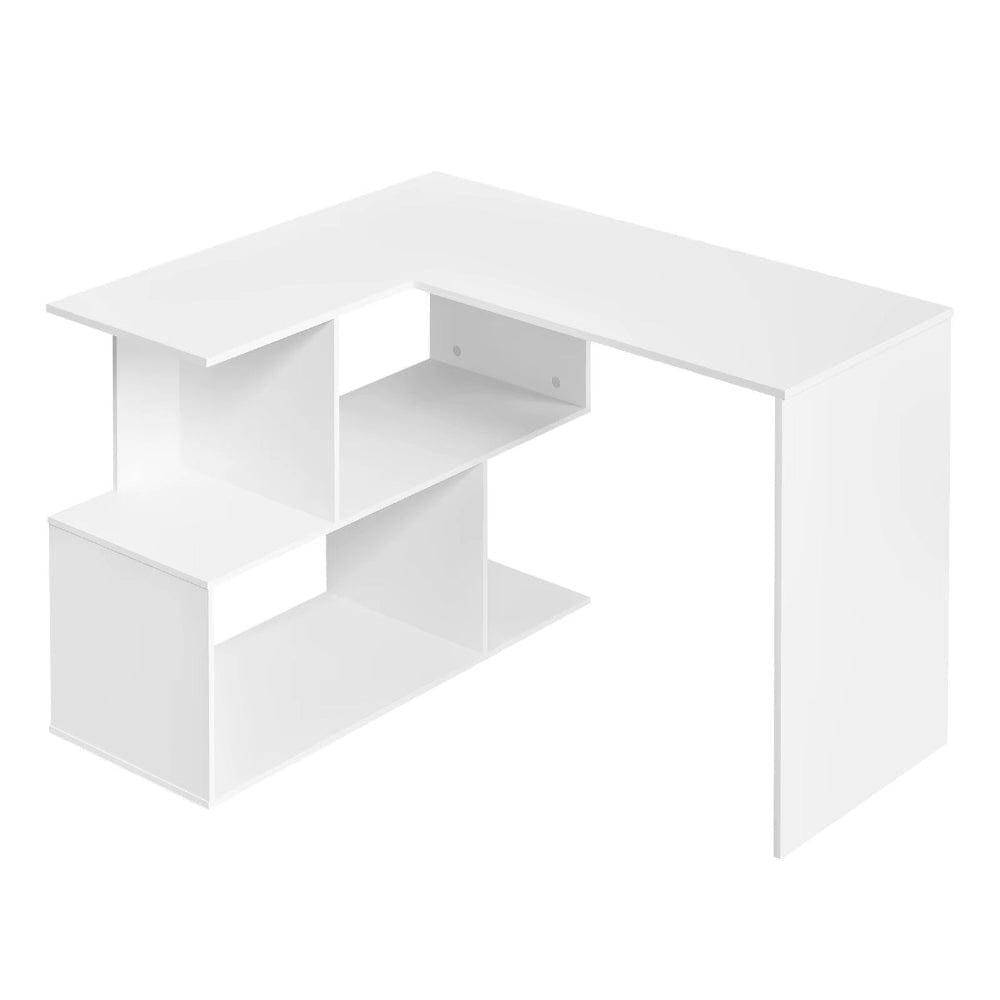 Bureau d'angle design 120x100cm blanc mat, station de travail en L épurée avec compartiments de rangement modulaires.