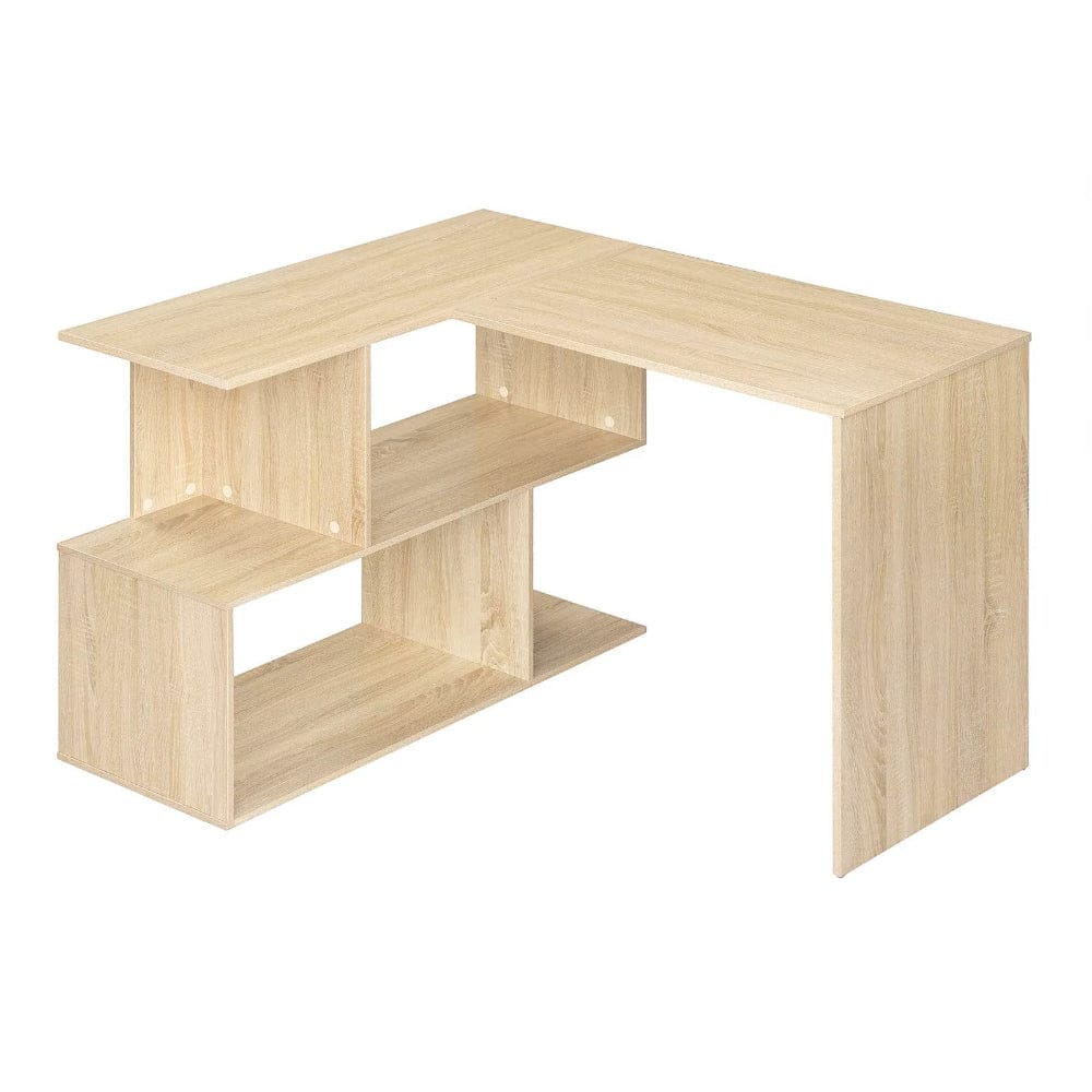 Bureau d'angle design 120x100cm en chêne clair avec 4 étagères intégrées pour une station de travail ergonomique.