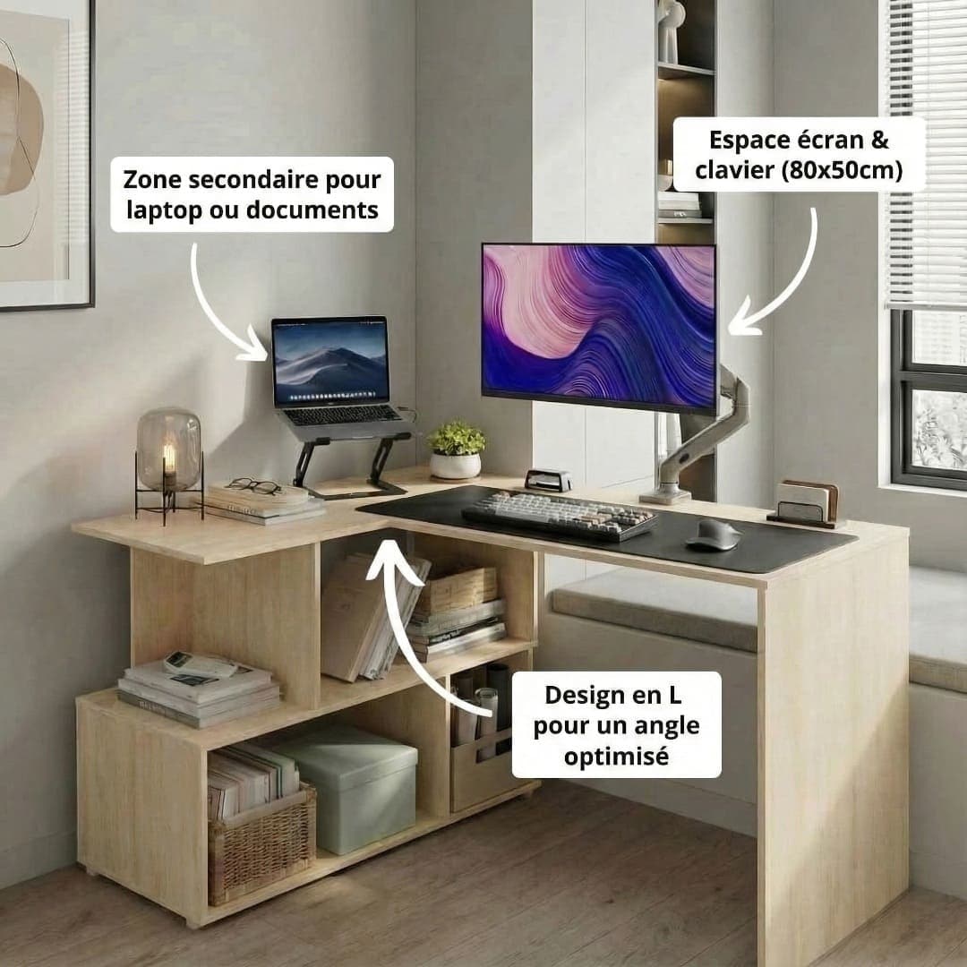Vue du bureau d'angle design avec annotations montrant la double surface de travail : l'espace principal pour écran et clavier, et la zone secondaire pour ordinateur portable, illustrant l'optimisation de l'angle.