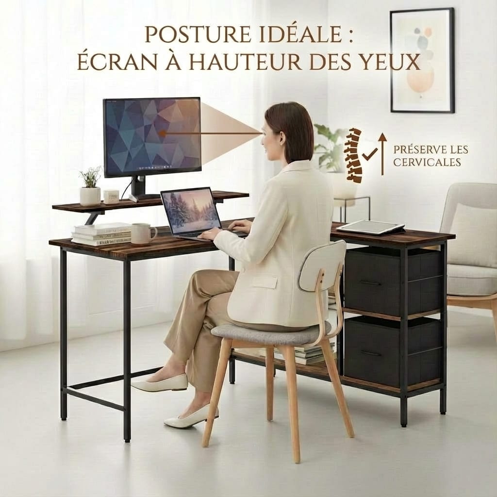 Femme assise à un bureau d'angle avec un support d'écran, illustrant une posture idéale avec l'écran à hauteur des yeux pour préserver les cervicales, comme indiqué par les annotations.