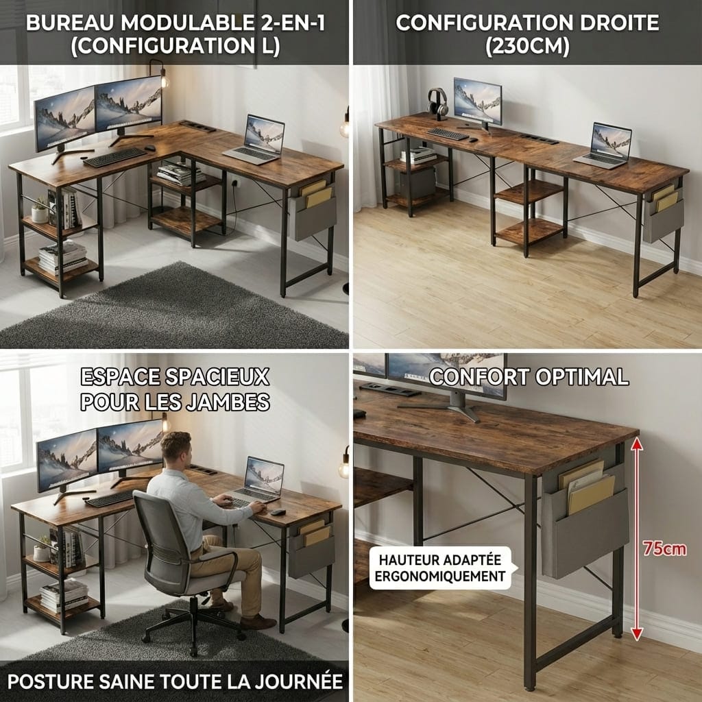 Infographie montrant les deux modes du bureau (angle 140x140 cm ou droit 230 cm) mettant en avant l'espace pour les jambes et la hauteur ergonomique de 75 cm.