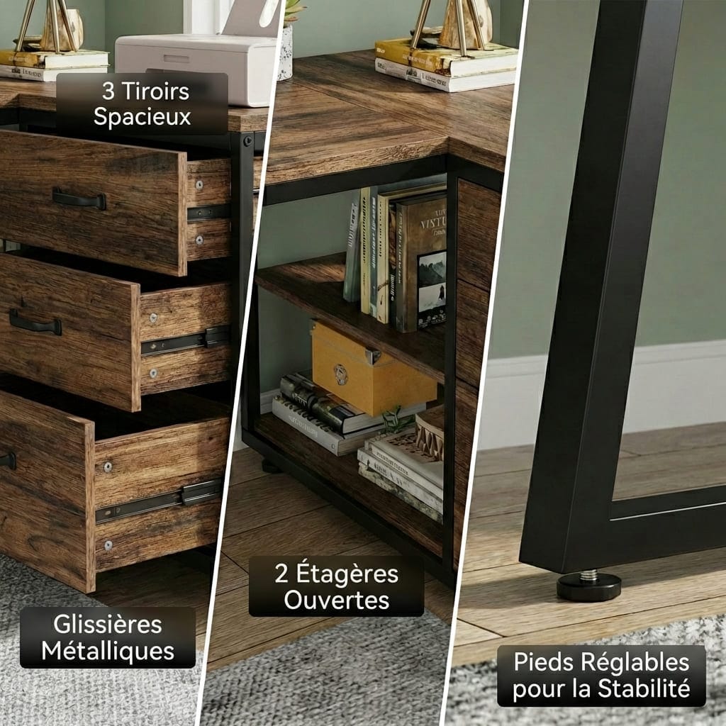 Gros plan sur les finitions du bureau d'angle : trois tiroirs spacieux avec glissières métalliques, deux étagères de rangement ouvertes et un pied en acier noir avec patin ajustable pour la stabilité.