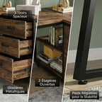 Gros plan sur les finitions du bureau d'angle : trois tiroirs spacieux avec glissières métalliques, deux étagères de rangement ouvertes et un pied en acier noir avec patin ajustable pour la stabilité.