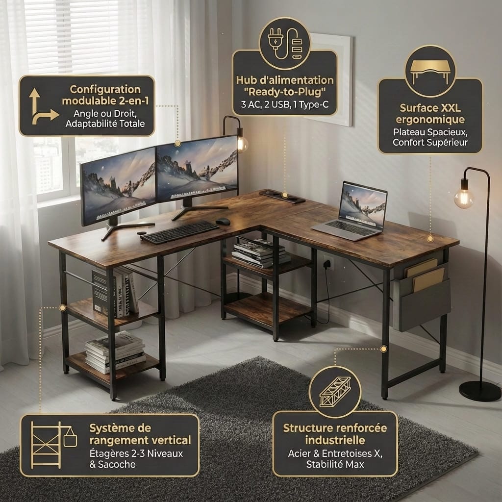 Vue d'ensemble du bureau d'angle industriel avec vignettes explicatives soulignant la configuration 2-en-1, le hub d'alimentation intégré, le rangement vertical, la structure en acier renforcée et la surface de travail XXL.