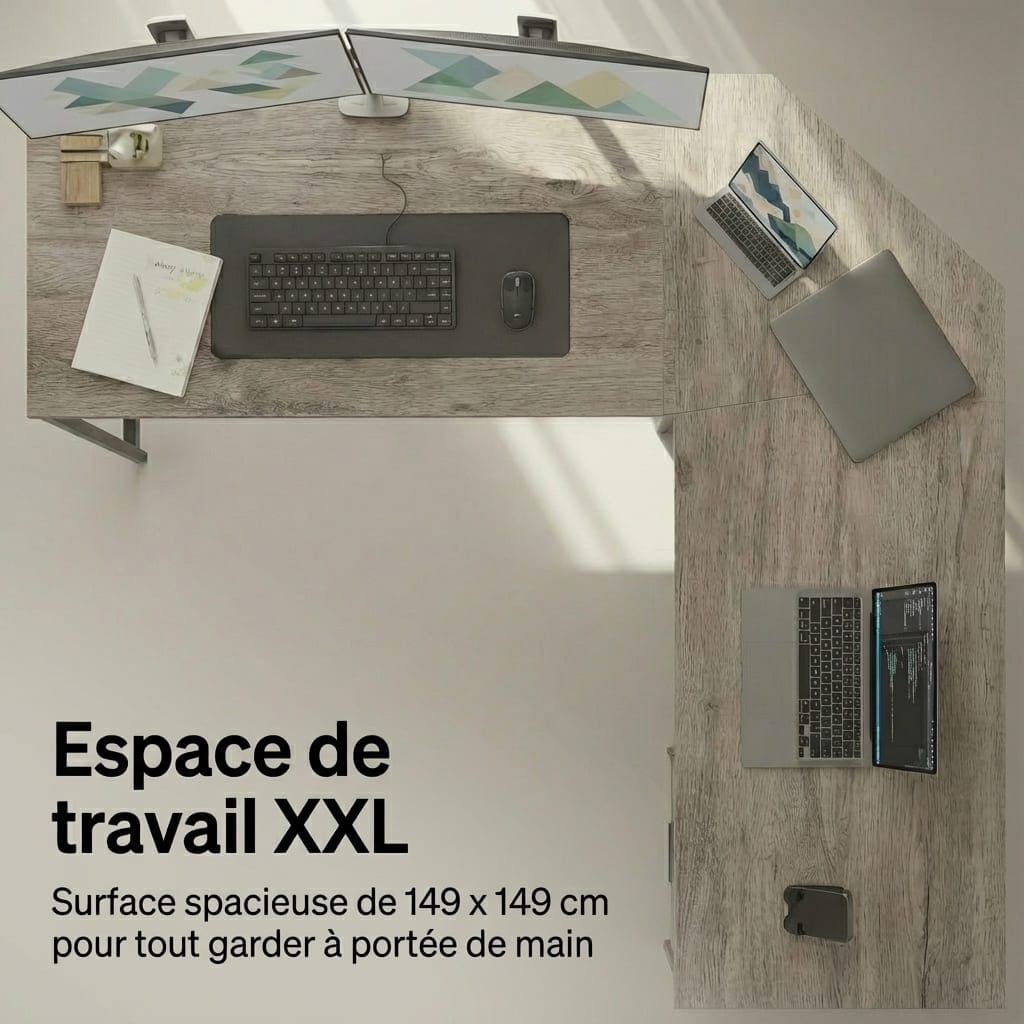 Vue de dessus du bureau d'angle en L 149x149 cm, montrant la surface spacieuse XXL aménagée avec un double écran, deux ordinateurs portables et un clavier.