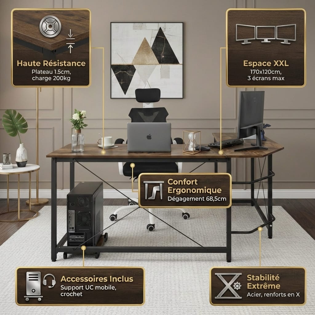 Bureau d'angle en L de 170cm avec plateau haute résistance, espace XXL pour 3 écrans et renforts en X.