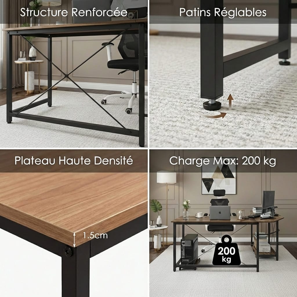 Bureau d'angle en L de 170cm avec structure renforcée en acier, plateau haute densité de 1,5cm et pieds réglables, supportant jusqu'à 200kg.
