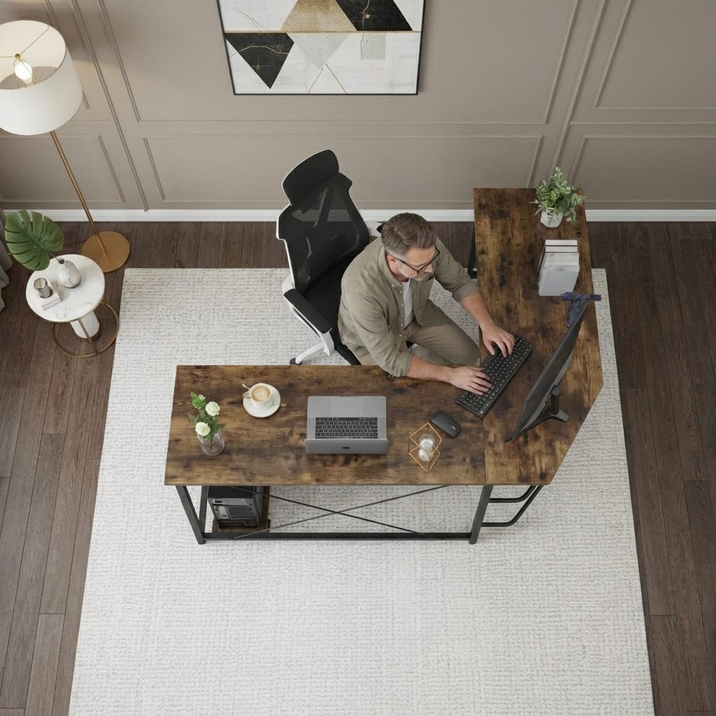 Vue de dessus d'un grand bureau d'angle en L de 170cm montrant l'espace de travail spacieux et le support UC mobile.