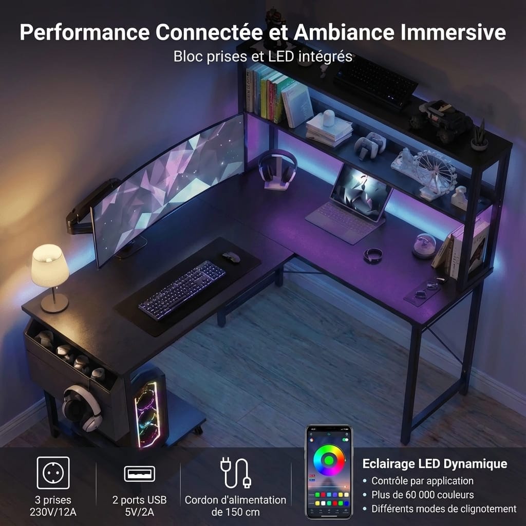 Focus sur les fonctionnalités technologiques du bureau : hub électrique avec 3 prises et 2 ports USB, et système d'éclairage LED RGB dynamique contrôlé par smartphone.