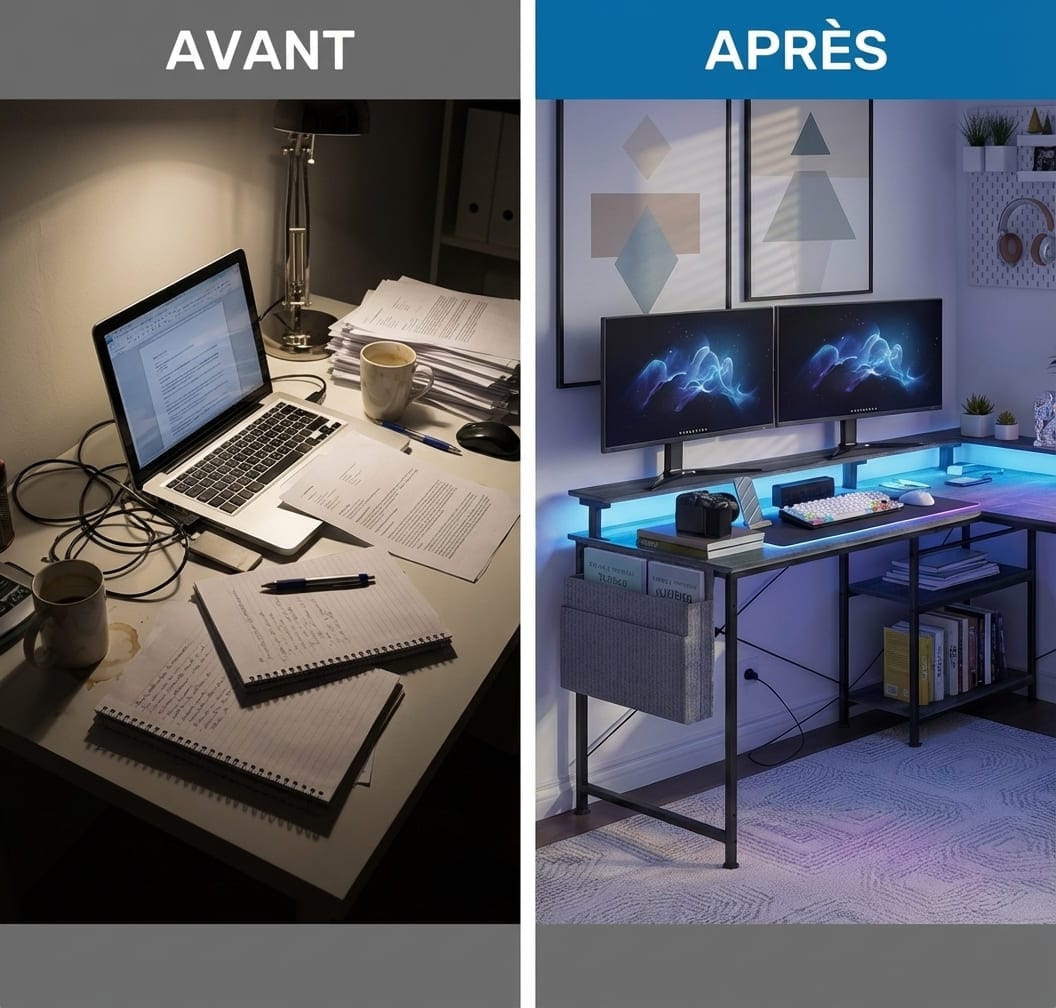 Comparaison avant-après montrant la transformation d'un espace de travail encombré vers le bureau d'angle modulable organisé avec LED RGB.