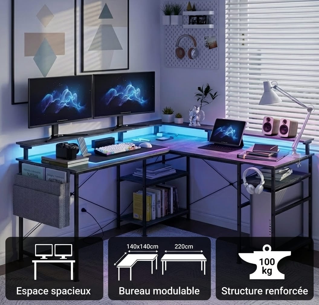 Vue d'ensemble du bureau d'angle en configuration L de 140x140cm, structure renforcée supportant 100kg avec double écran et setup gaming.