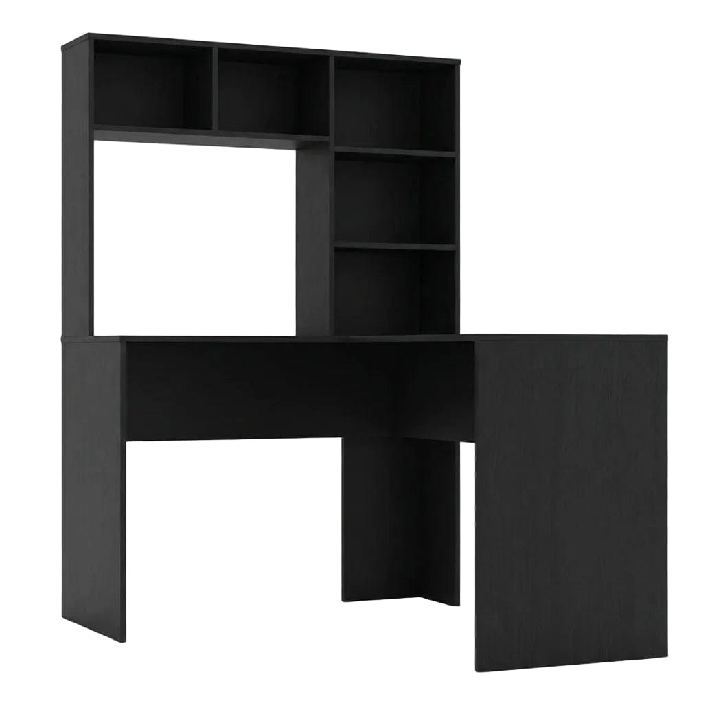 Vue de face sur fond noir du bureau d'angle blanc NARVIK 108x125x153 avec ses rangements intégrés et son design épuré.