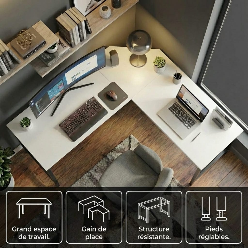 ue plongeante d'un bureau d'angle blanc avec setup informatique et icônes descriptives : grand espace de travail, gain de place, structure résistante et pieds réglables.