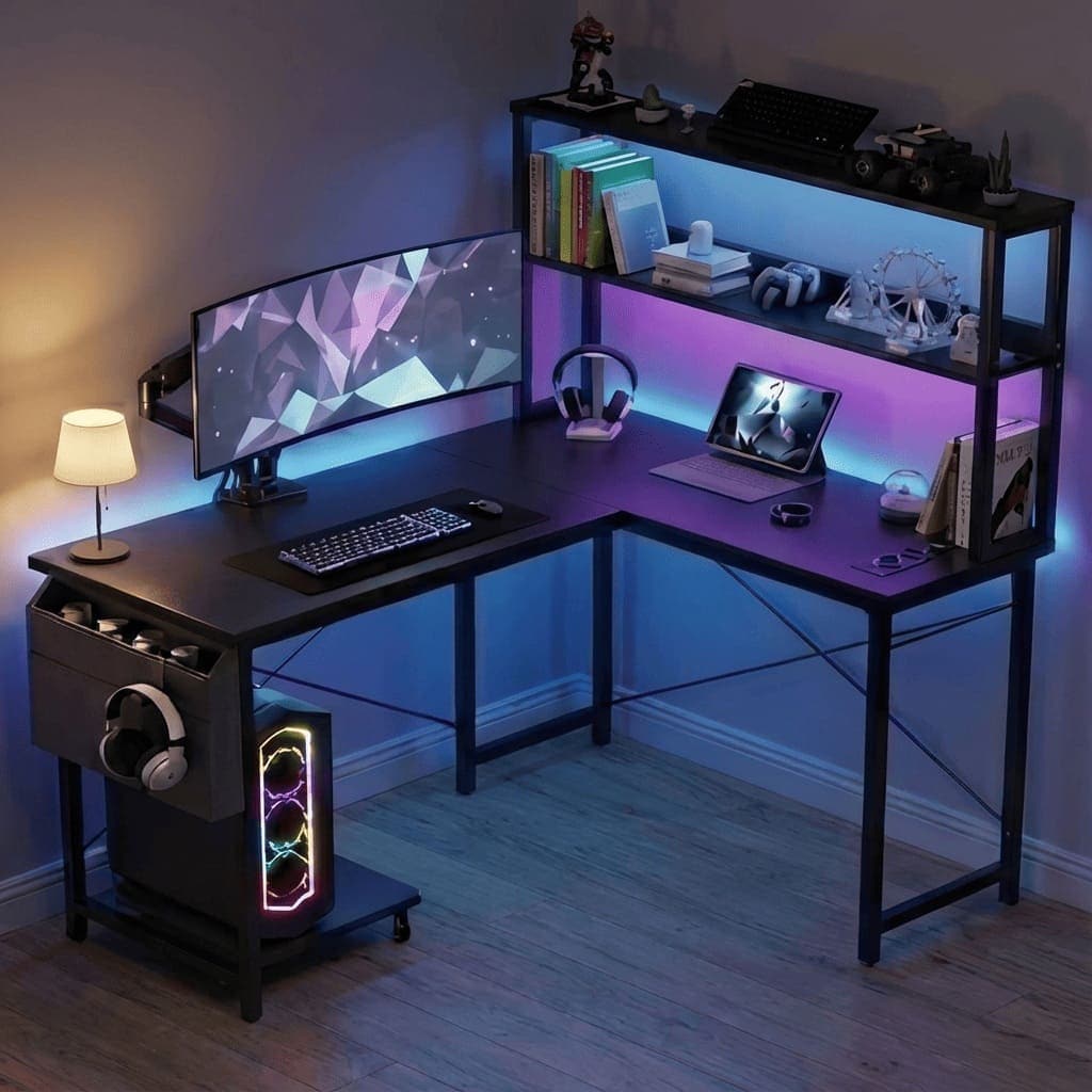 Setup complet du Bureau d’Angle Pro & Gaming 135x100 cm avec rétroéclairage LED violet, offrant un espace de travail ergonomique et un design moderne pour gamer.