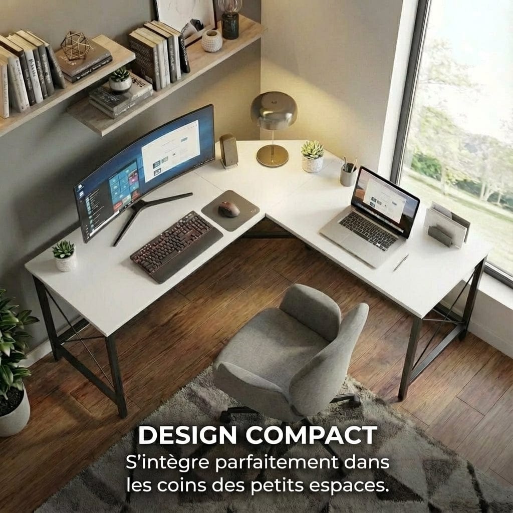 Mise en situation du bureau d'angle XXL blanc dans un coin de pièce avec texte "Design Compact" expliquant son intégration parfaite dans les petits espaces.