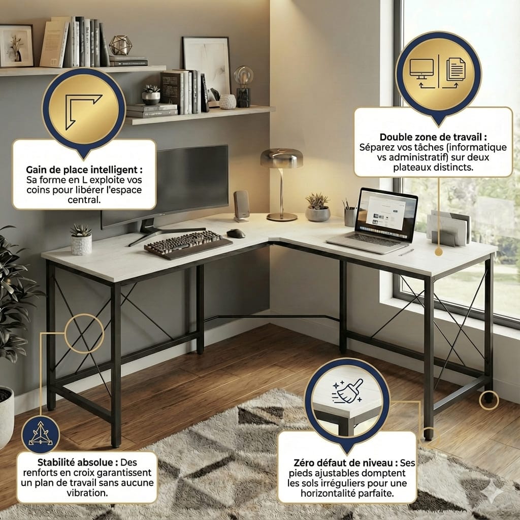 Vue de face du bureau d'angle XXL bois blanc 150x150 cm avec des bulles d'information soulignant le gain de place, la double zone de travail, la stabilité des renforts en croix et les pieds ajustables.