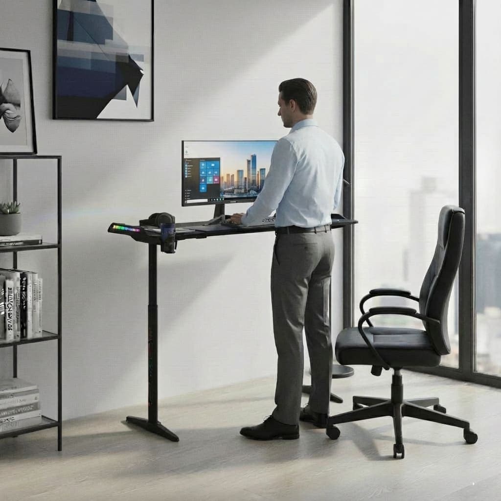 Un homme en chemise et pantalon de costume travaille debout à un bureau ergonomique réglable en hauteur, équipé d'un éclairage LED coloré, dans un bureau moderne et lumineux