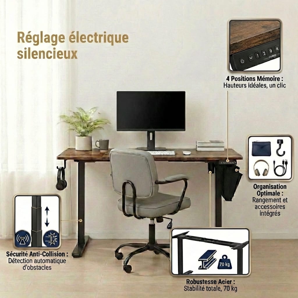 Bureau assis-debout électrique 120x60cm en bois de style industriel avec cadre en acier noir. L'image présente les fonctionnalités : réglage de hauteur silencieux (72-120cm), 4 positions mémorisables, système anti-collision, supporte jusqu'à 70kg et inclut un porte-documents latéral avec crochets pour casque."