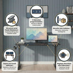 Vue d'ensemble du bureau assis-debout 120x60 cm noir avec ses fonctionnalités : anti-collision et réglage électrique fluide.