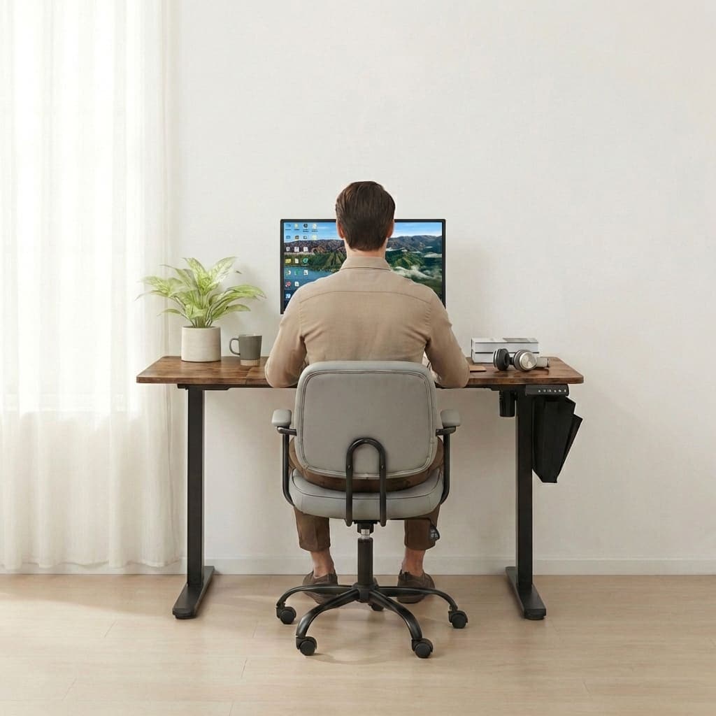 Homme travaillant en position assise sur un bureau assis debout électrique 120x60cm ergonomique.