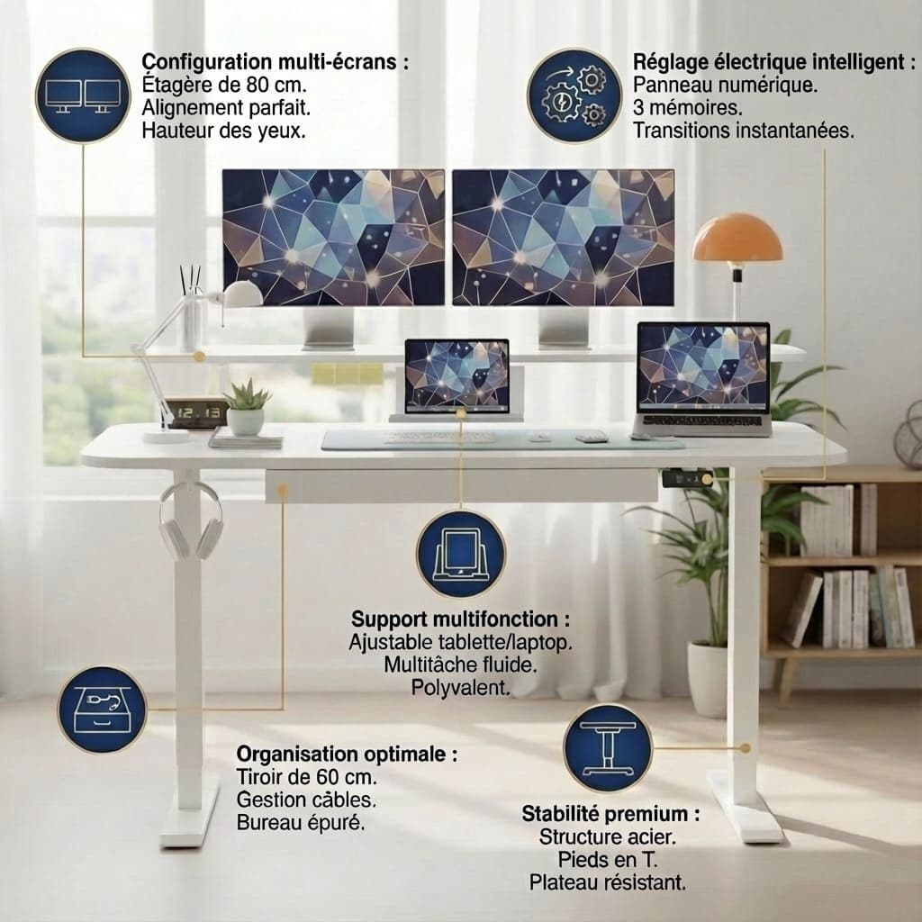 Infographie complète du bureau assis-debout : réglage électrique intelligent, étagère double écran, support tablette et gestion de câbles.