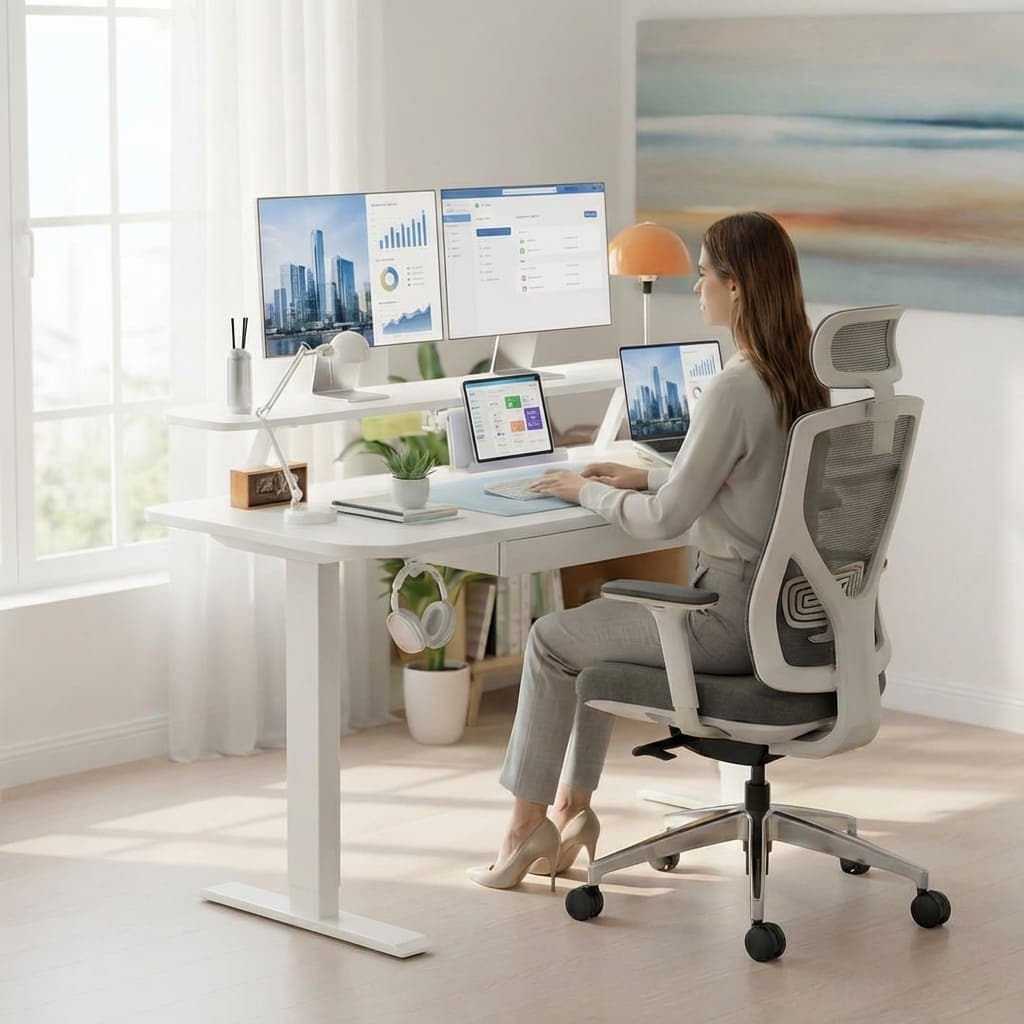 Une femme travaillant assise à un bureau assis-debout électrique blanc de 120x60 cm. Le bureau est équipé d'un support double écran, d'une tablette sur support ajustable, d'un ordinateur portable et d'un tiroir de rangement. Un casque audio est suspendu au crochet latéral