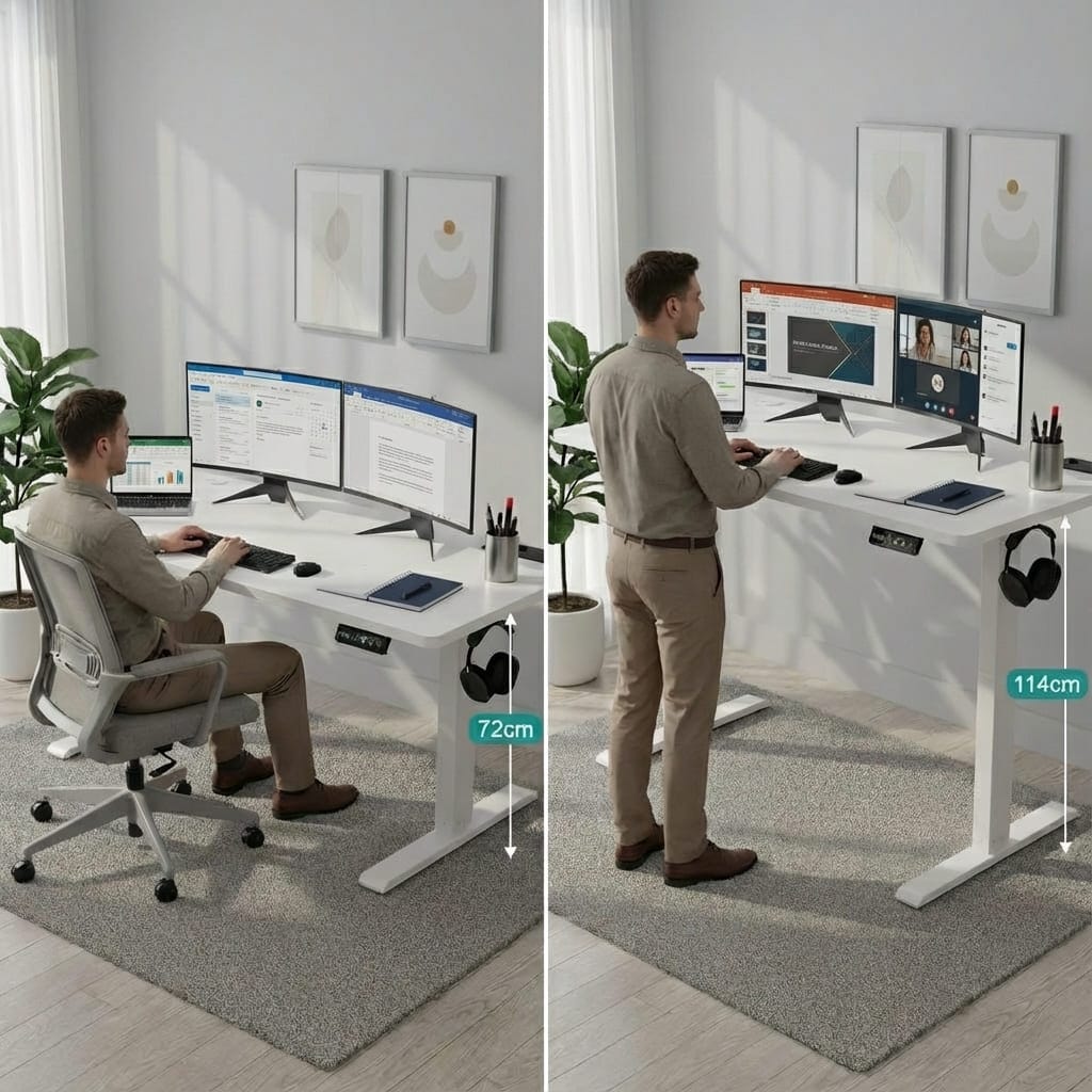 Comparaison d'un bureau assis-debout électrique blanc en position basse (72 cm) avec chaise ergonomique et en position haute (114 cm) pour le télétravail, équipé d'un double écran et d'un ordinateur portable.