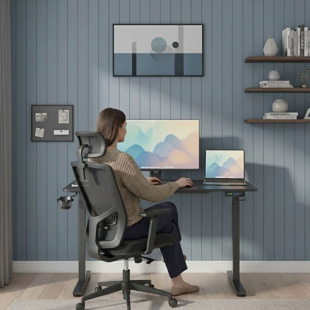 Femme assise confortablement sur une chaise de bureau ergonomique noire, travaillant sur le bureau assis-debout électrique noir réglé en position basse, vue de trois-quarts dos dans un bureau aménagé