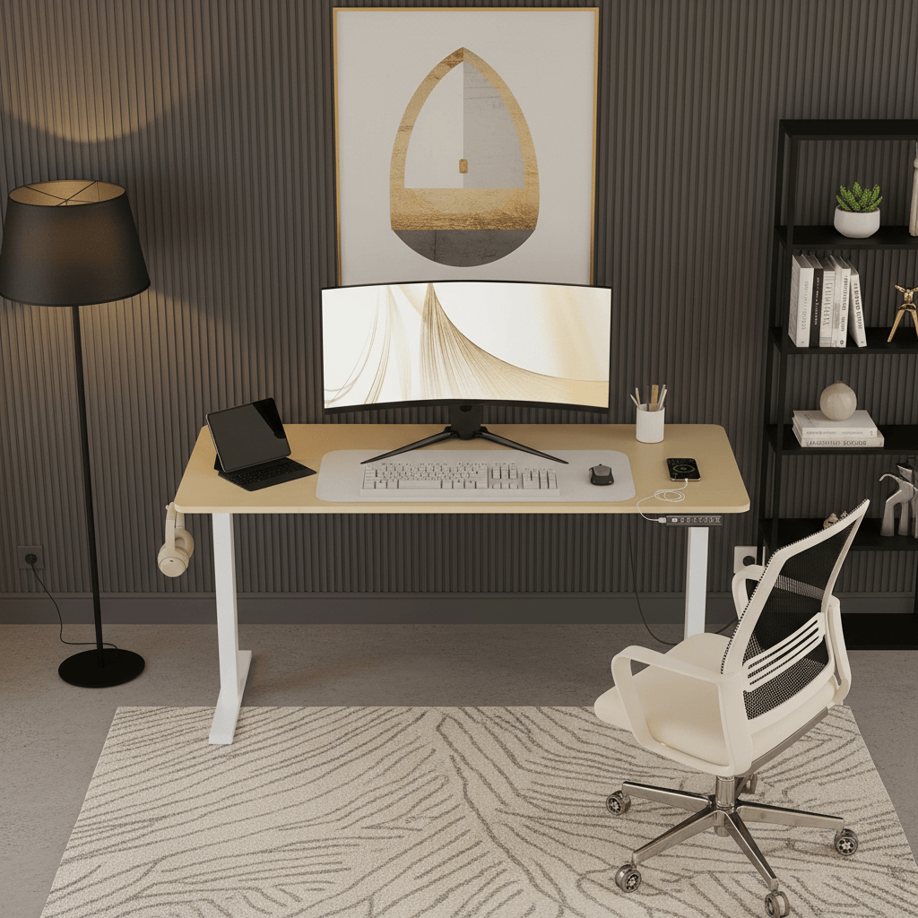 Bureau Assis Debout Électrique Réglable en Hauteur avec Port USB, Fonction Mémoire et Porte Casque Latéral