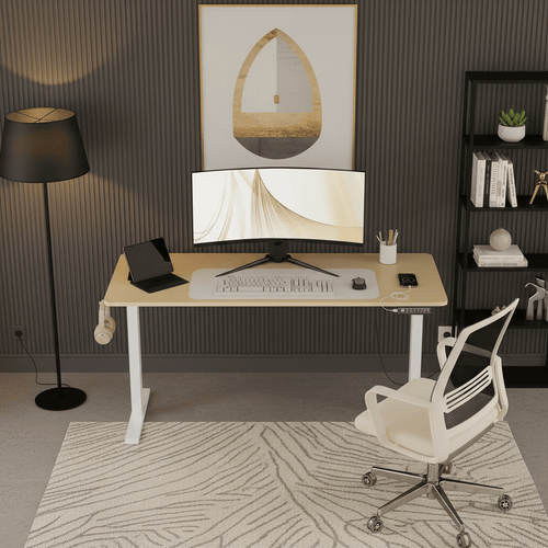 Bureau Assis Debout Électrique Réglable en Hauteur avec Port USB, Fonction Mémoire et Porte Casque Latéral