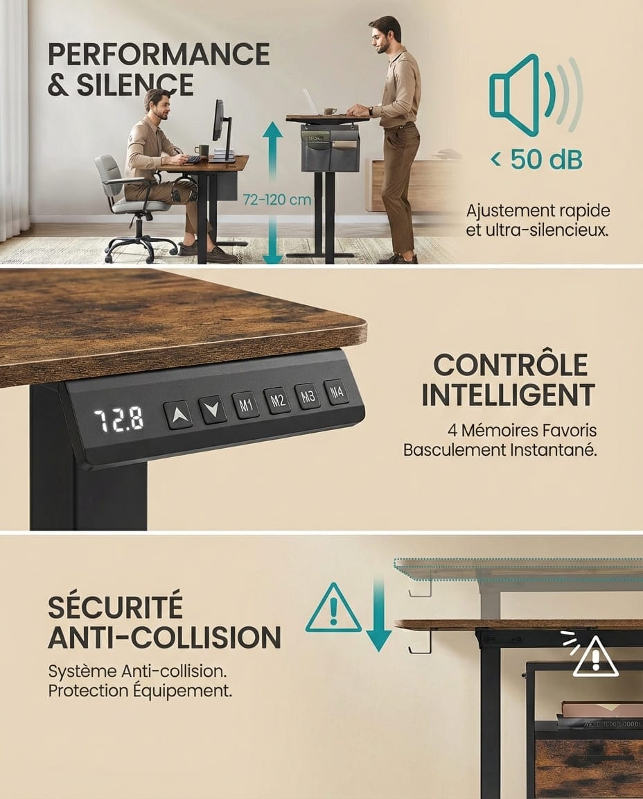 Homme utilisant le bureau assis debout électrique réglable de 72 à 120 cm avec panneau de contrôle à 4 mémoires et système anti-collision.