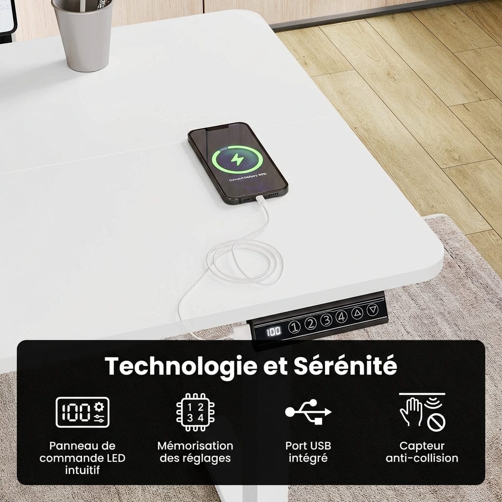 Panneau de commande LED tactile d'un bureau réglable avec 4 mémoires de hauteur et port USB de recharge.