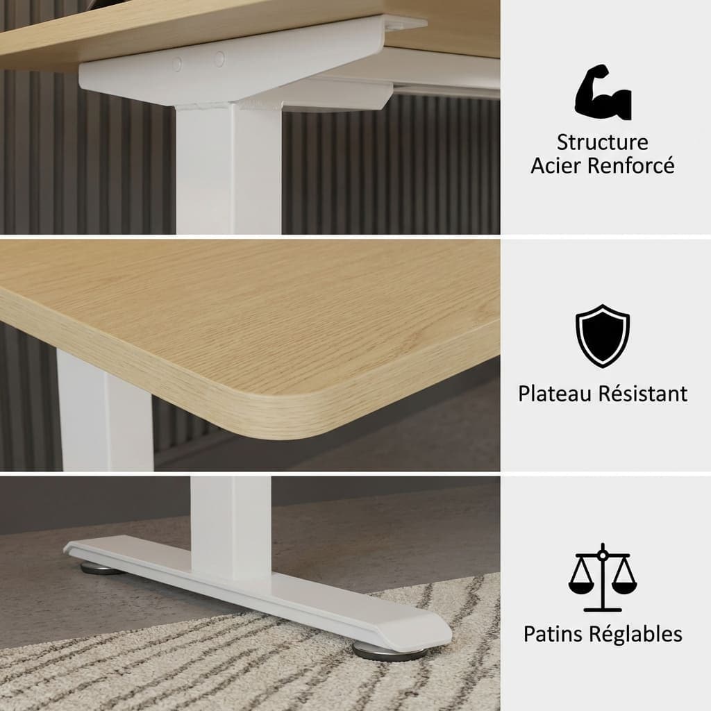 Détails techniques du bureau assis-debout électrique : structure en acier renforcé blanc, plateau résistant effet chêne et patins de stabilisation réglables.