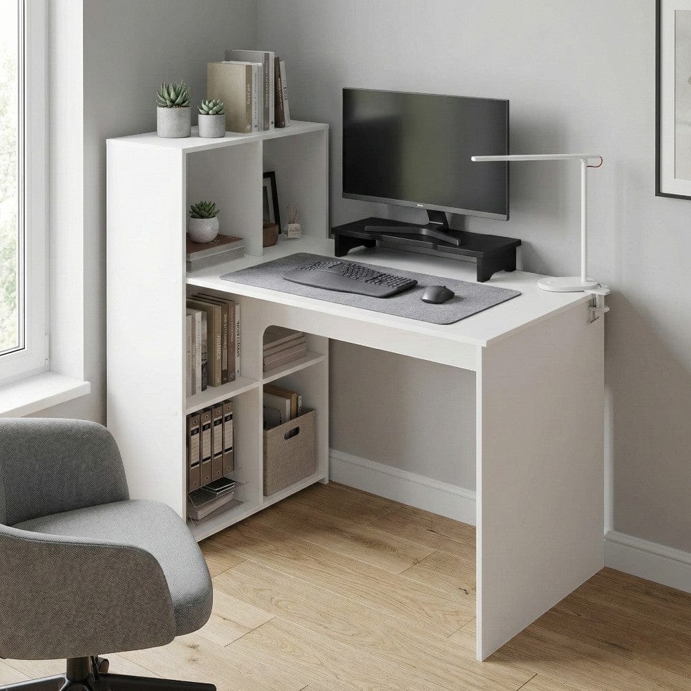 Bureau blanc LYRAX 120x60 cm avec bibliothèque réversible intégrée dans un coin bureau lumineux.