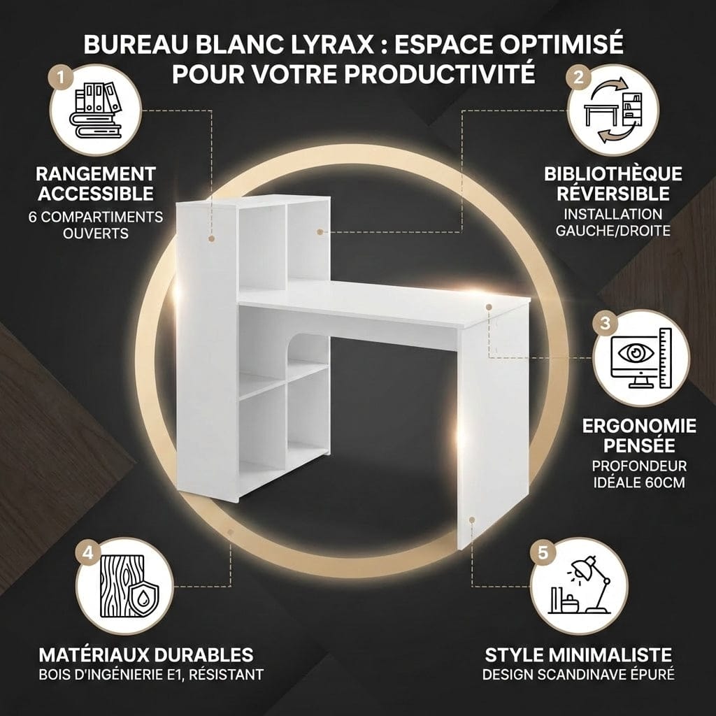 Infographie des points forts du bureau LYRAX : bois E1, style scandinave et rangement optimisé.