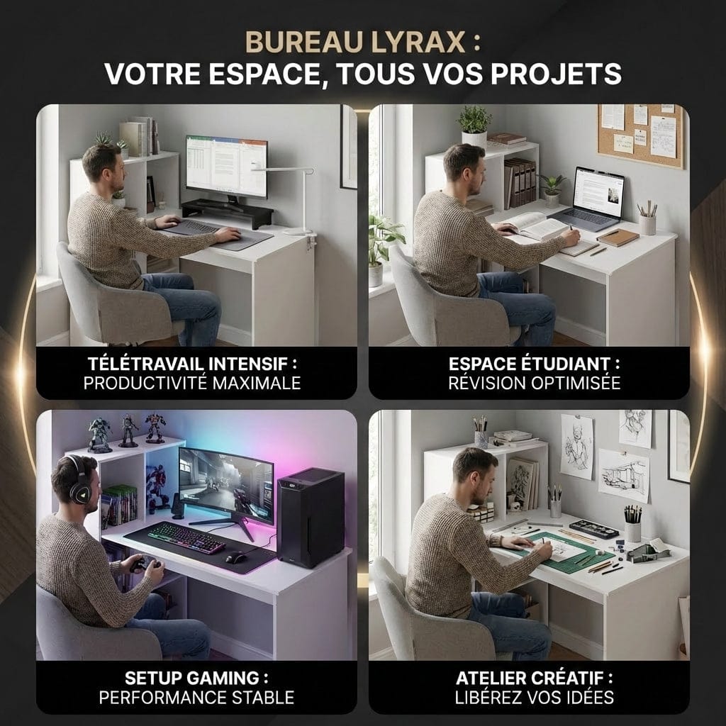 Bureau blanc LYRAX 120x60 cm illustré pour quatre usages : télétravail, études, setup gaming et atelier créatif.