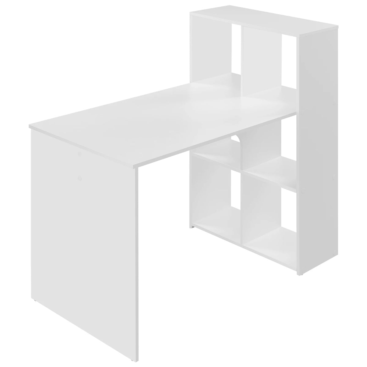 Vue d'ensemble du bureau blanc LYRAX 120x60 avec sa bibliothèque de 6 compartiments sur fond blanc.