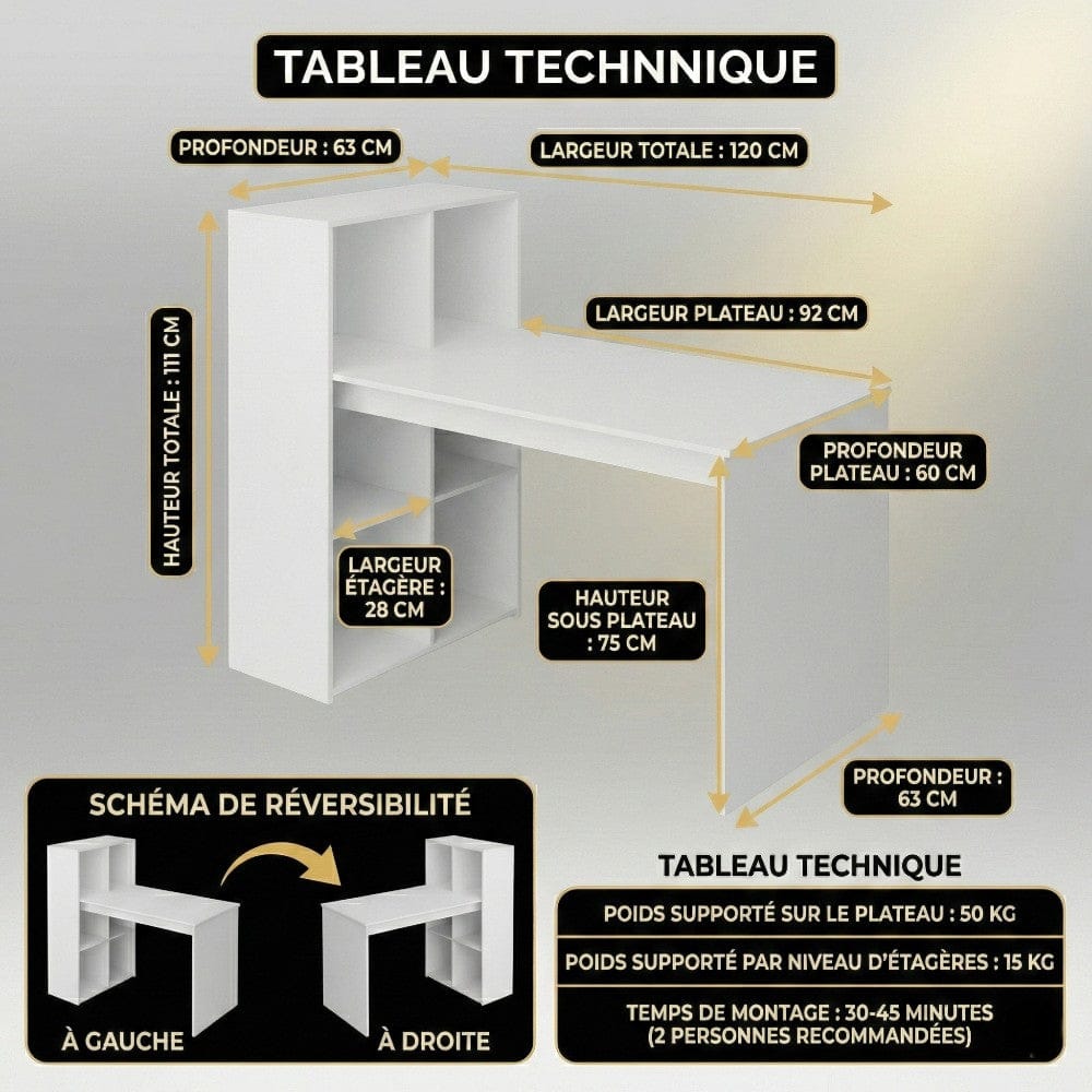 Plan technique du bureau blanc LYRAX 120x60 indiquant les dimensions et la réversibilité gauche/droite.