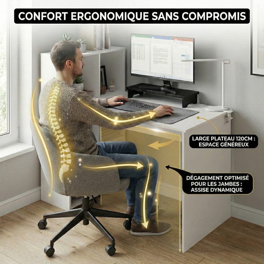 Schéma d'ergonomie du bureau blanc LYRAX montrant l'espace pour les jambes et le confort du dos.
