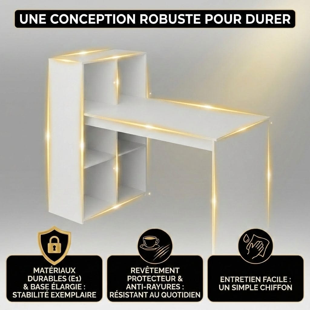 Gros plan sur la robustesse et le revêtement anti-rayures facile à nettoyer du bureau LYRAX.