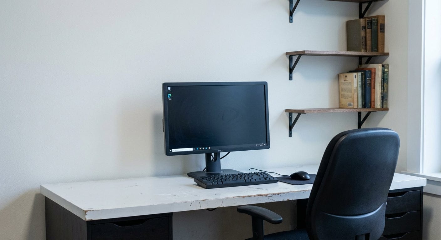 Bureau blanc au plateau usé avec écran standard et clavier en bois, illustrant un aménagement de bureau avant optimisation ergonomique et esthétique par Bureau Cosy