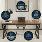 Vue frontale du Bureau Bois Exécutif Style Industriel - 160cm présentant les avantages clés : surface XXL, robustesse 200kg et montage rapide.