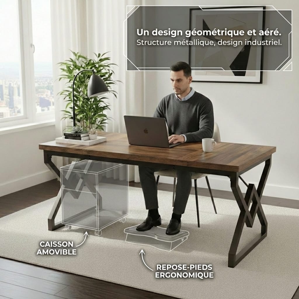 Mise en situation du Bureau Bois Exécutif Style Industriel - 160cm soulignant l'espace sous bureau pour caisson et l'ergonomie de travail.